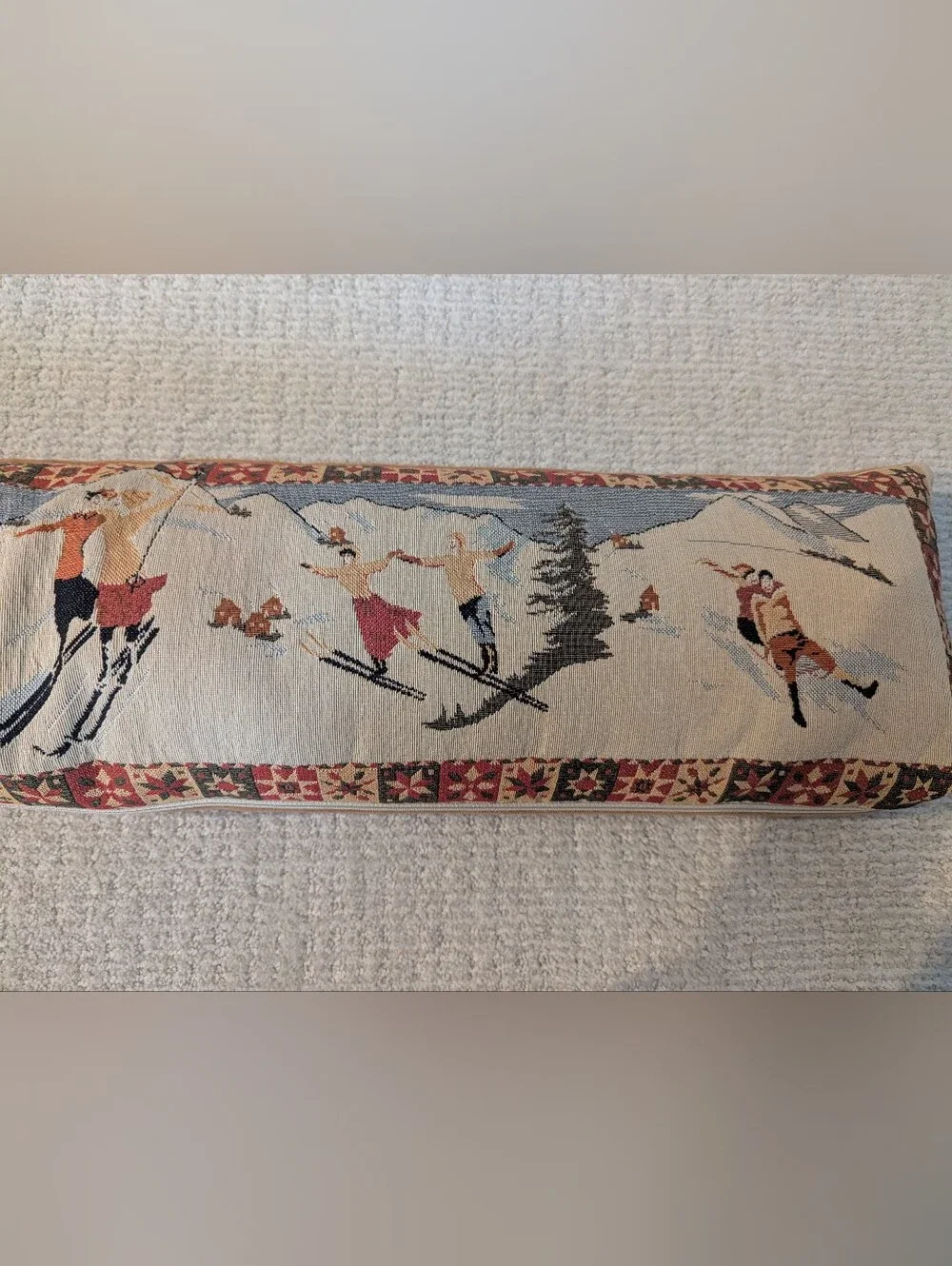 CRATE & BARREL Vintage Skier Tapestry Pillow Made In France